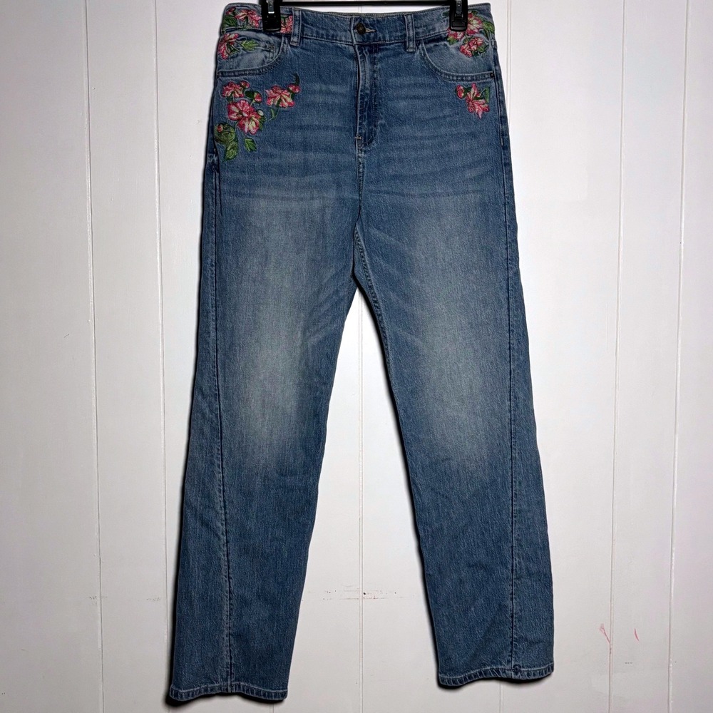 Desigual Light Blue Straight Leg Jeans with Pink Floral Embroidery